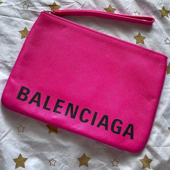 ($550 on FashionPhile!!!)  Balenciaga Calfskin Logo Zip Pouch Pink *NEVER USED” - Picture 1 of 11